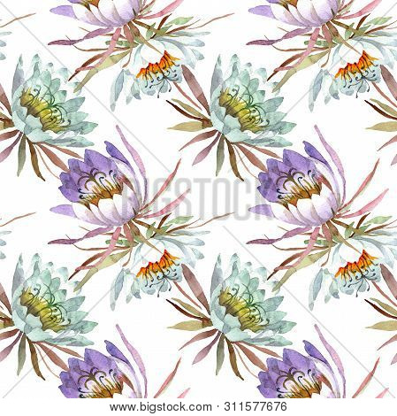 White Epiphillum Oxypetallim Floral Botanical Flowers. Watercolor Illustration Set. Seamless Backgro