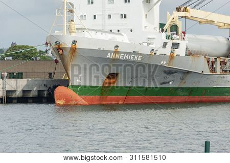 New Bedford, Massachusetts, Usa - July 11, 2019: Bulbous Bow On Cargo Vessel Annemieke, Docked In Ne