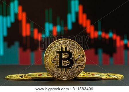 Uptrend And Downtrend Of Bitcoin Cryptocurrency Shown By Green And Red Candles. Coin Of Btc In Front