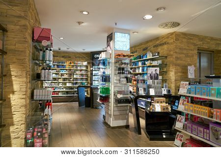 COLOGNE, GERMANY - CIRCA SEPTEMBER, 2018: interior shot of a Douglas cosmetics store in Cologne.