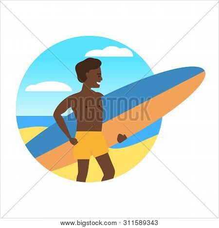 Icon Activty On Ocean Sea Summer Man With Surfing Board. Vacation Trip Holiday Beach , Surf, Palms, 