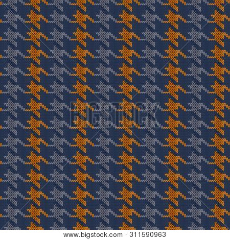 Seamless Knitted Woolen Pattern Houndstooth. Vintage Blue And Orange Hounds Tooth Check