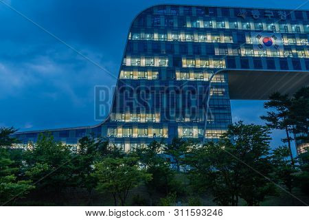 Daejeon, South Korea; June 25, 2019: Night Exterior View Of New Dong-gu Regional Office Building Des