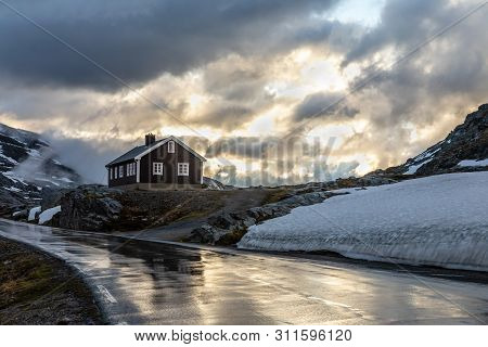 Lonely House In The Sunset Rays On The Road From Dalsnibba To Geiranger Fjord, Geiranger, Sunnmore, 