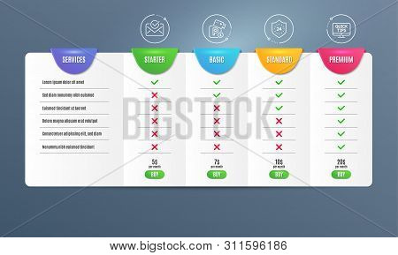Approved Mail, Parking Security And 24 Hours Icons Simple Set. Comparison Table. Web Tutorials Sign.