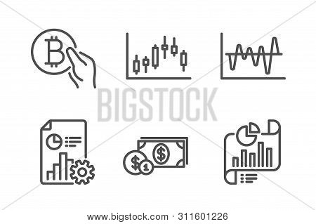 Bitcoin Pay, Candlestick Graph And Dollar Money Icons Simple Set. Stock Analysis, Report And Report 