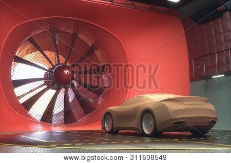 3d Illustration. Clay Car Inside Wind Tunnel. Design Without Real Car Reference And Without Copyrigh