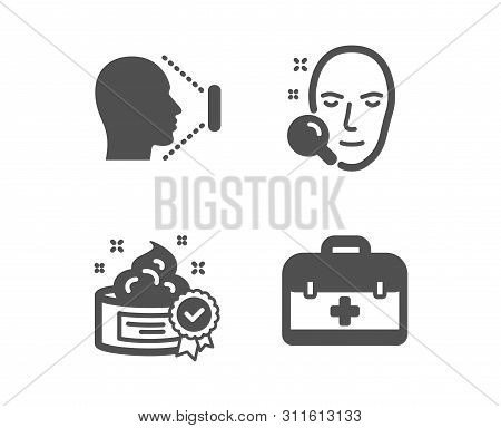 Set Of Face Search, Face Id And Cream Icons. First Aid Sign. Find User, Identification System, Best 