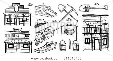 America Old West Houses And Mining Objects Set. California Gold Rush. Hand Drawn Outline Sketch Dood