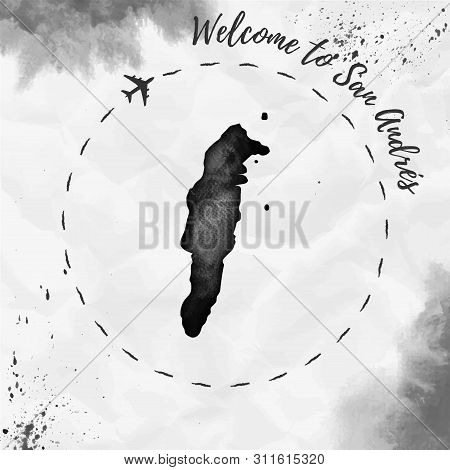 San Andres Watercolor Island Map In Black Colors. Travel Poster With Airplane Trace And Handpainted
