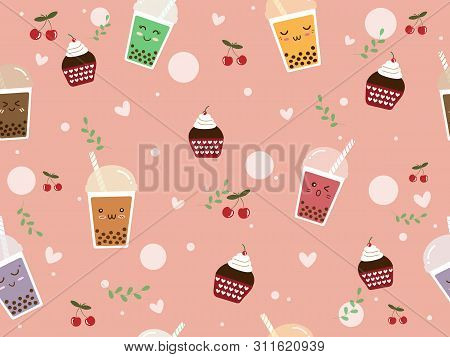 Seamless Pattern Cups Of Variety Flavor Sweet Brown Sugar Bubble Milk Tea Or Boba Tea. Cute Smile Fu