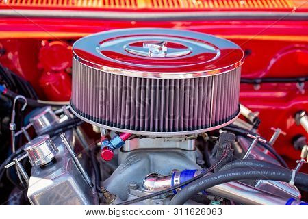 Mackay, Queensland, Australia - 13th July 2019: Close Up Of Carburettor In Engine Of Red Custom Clas