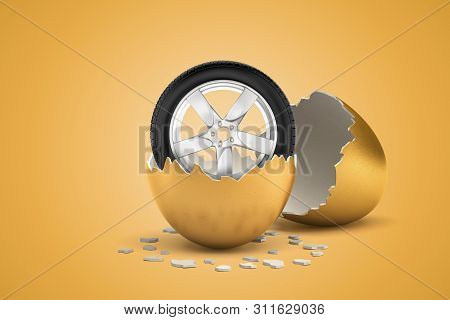3d Rendering Of Automobile Wheel That Just Hatched Out From Golden Egg.