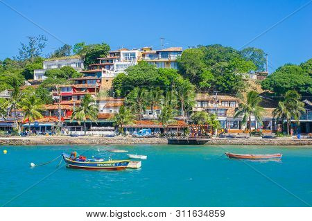 Buzios, Brazil - February 24, 2018: Streets Of Buzios Are Filled With Shops And Restaurants Are Popu