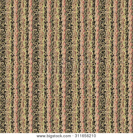 Modern Striped Vector Seamless Pattern. Abstract Multi Colored Brush Strokes And Golden Curls. Luxur
