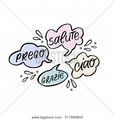 Vector Handdrawn Speech Bubble Colorful Set With Italian Handwritten Words.