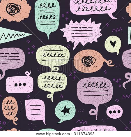 Speech Bubble Seamless Pattern On Dark Background With Doodles And Scribbles. Backdrop With Repeatin
