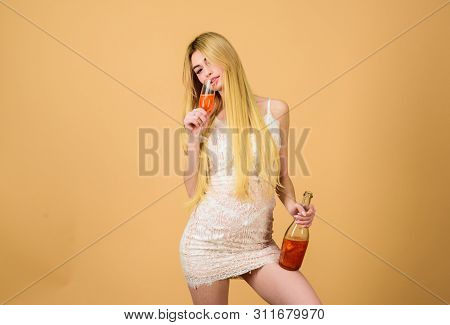 Sweet Liquor Champagne. Glamorous Party. Girl Drinking Pearl Glitter Champagne. Woman White Dress Bo