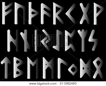 Set Of Old Norse Runes. Runic Alphabet, Futhark. Ancient Occult Viking Characters Letters On White B