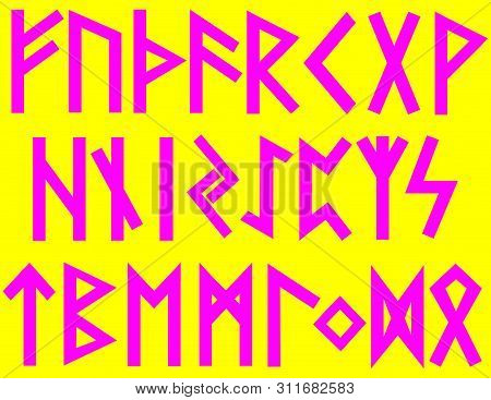 Set Of Old Norse Runes. Runic Alphabet, Futhark. Ancient Occult Viking Characters Letters On White B