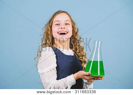 Small Girl Scientist With Testing Flask. Education And Knowledge. Child Study Bilogy Lesson. Discove
