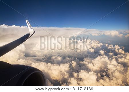 Memmingen, Germany - July 6 2019: Ryanair Irish Low-cost Airline Boeing 737 Wing During Flight With