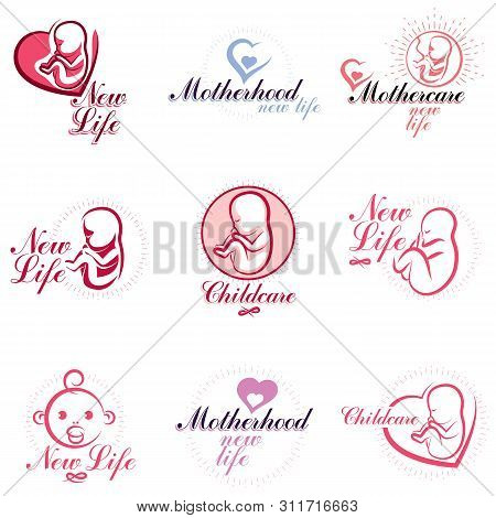 Human Fetus Hand-drawn Vector Emblems Collection Isolated On White. New Life Conceptual Symbols. Neo