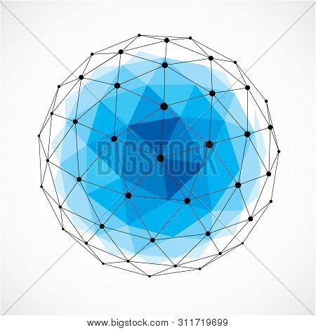 Vector Dimensional Wireframe Low Poly Object, Blue Spherical Shape With Black Grid. Technology 3d Me