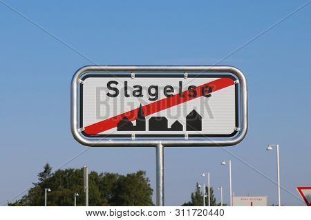 Slagelse Road Sign At The Exit Of The City, Denmark.