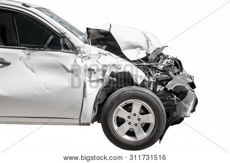 Front Of White Color Car Damaged And Broken By Accident On Road Parking Can Not Drive Any More. Isol