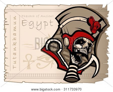 Mummified Skull In Clothes Of The Pharaoh. Tutankhamun Ruler Of Ancient Egypt. Tattoo And T-shirts T