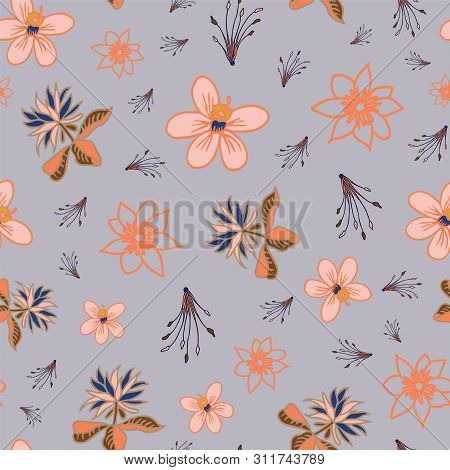 Vector Tropical Flowers Seamless Pattern Repeat On Light Blue Background