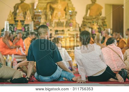 Buddhist Ordination Ceremony In The Church Of Buddhist Temple In Thailand