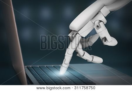 Chatbot And Robo Advisor. Futuristic Robot Hand Typing On Laptop Keyboard, Pressing Glowing Button
