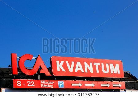 Huddinge, Sweden - July 11, 2019: Close-up View Of The Ica Kvantum Supermarket Sign Located At Kunge