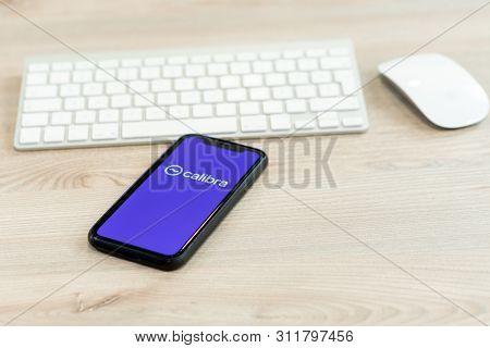 12 July 2019, Ljubljana Slovenia - Smartphone With Calibra Logo On It. Facebooks New Global Cryptocu