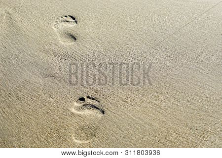 Woman Footprints In Sand On The Seashore