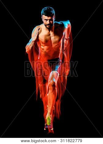one caucasian topless muscular mature man runner. running jogger jogging isolated on black background with light painting speed mouvement effect