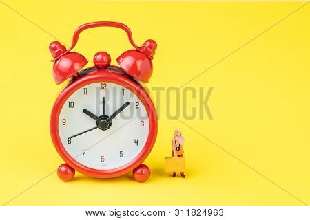 Travel Time, Reminder For Airline Checkin For Traveller Concept, Miniature People Young Lady With Lu