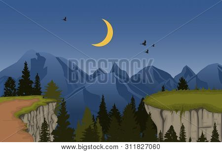 Mountain Valley Cliff Tree Nature Landscape Vector Illustration
