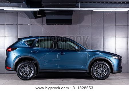 Novosibirsk, Russia - June 30, 2019:  Blue Mazda Cx-5,side View.  Photography Of A Modern Crossover 