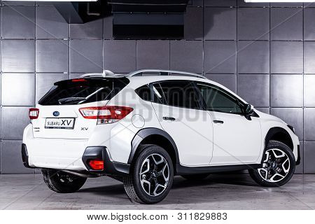 Novosibirsk, Russia - June 30, 2019: White  Subaru Xv, Back View.  Photography Of A Modern Crossover