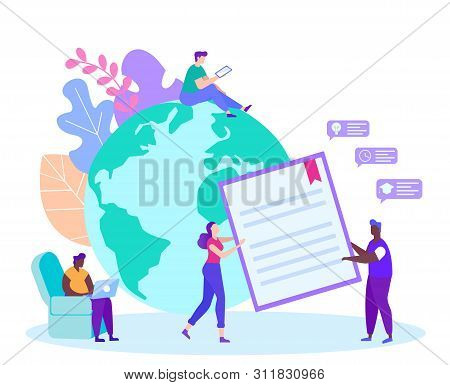 Man And Woman With Diploma In Hand On Background Globe. Distance Learning. E-learning. Man Sit In Ch