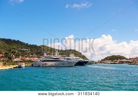 Gustavia. St. Barts-january 25, 2016: Vacation Sea Beach. Tropical Island. Shore Marine Ships Docks 