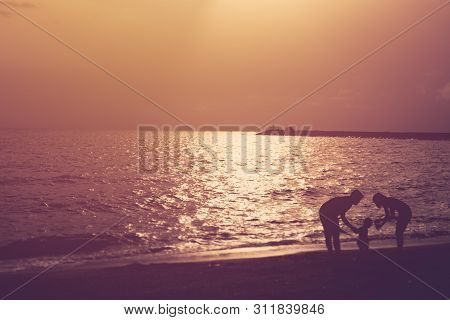 Silhouette Of Family Care And Happy Moment Sunset Good Memory Vintage Colortone