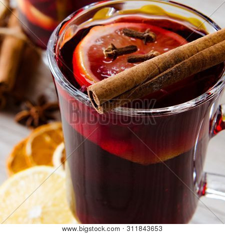 Mulled wine glintwine served in glasses for christmas table