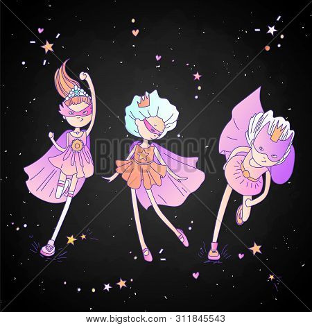 Superhero Princess, Little Teen Girl As A Superhero Vector Cartoon Illustration With Gradients. Supe