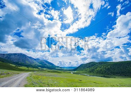 Extreme Rocky Road In A Mountain Valley To The Pass In Cloudy Weather With Rain And Fog Plateau Ukok