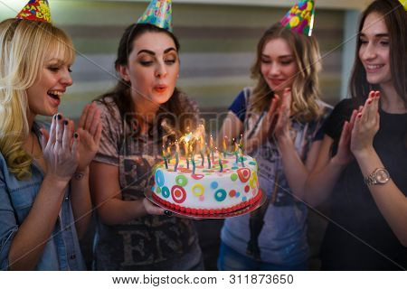 Birthday. Girls With A Cake With Candles. Best Friends Celebrate A Birthday.