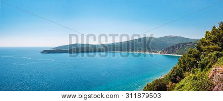 Panoramic View From Above To The Adriatic Sea Coastline And Jaz Beach Near A Budva City, Montenegro.